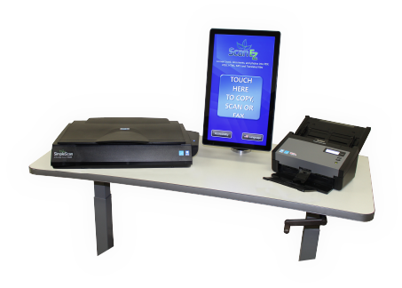 Scanning station with touchscreen interface and document scanner on a table